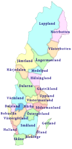 Map over Sweden with provinces